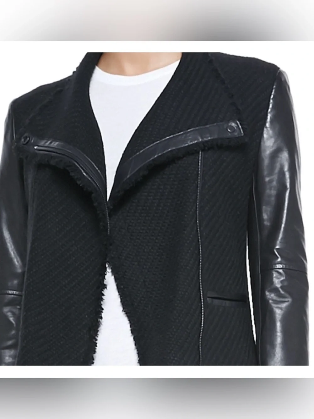 VINCE Black Lamb Leather Wool Boucle Tweed Cropped Moto Jacket. Size XS.
